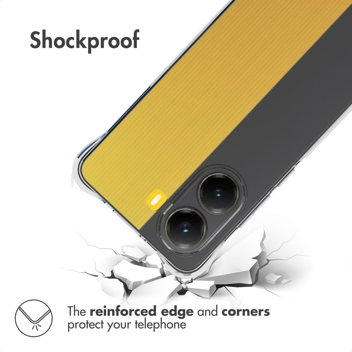 Funda de teléfono móvil a prueba de golpes en amarillo y negro, sobre un fondo blanco agrietado.