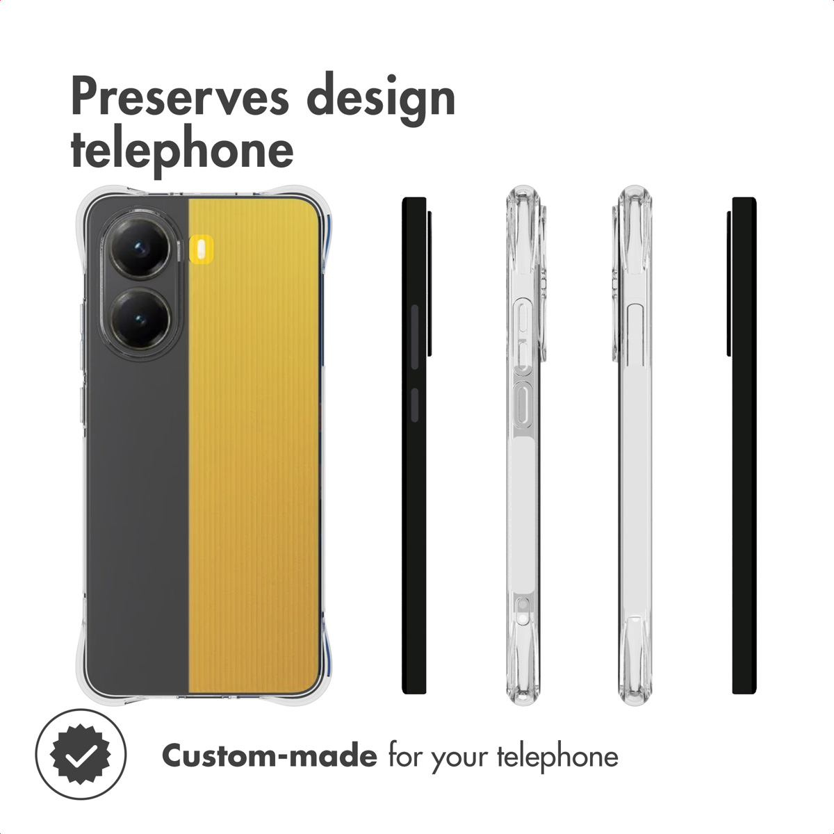 Funda protectora transparente para teléfono con parte trasera gris y amarilla y vistas laterales.