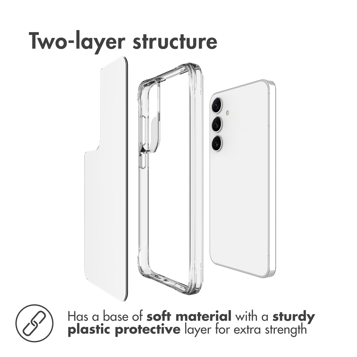 Diagramm einer zweischichtigen Handyhülle mit weicher Basis und stabiler Kunststoff-Schutzschicht für ein Smartphone.