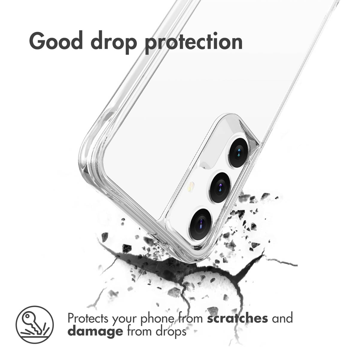 Transparente Handyhülle mit drei Kameramotiven und Aufschrift Good drop protection.