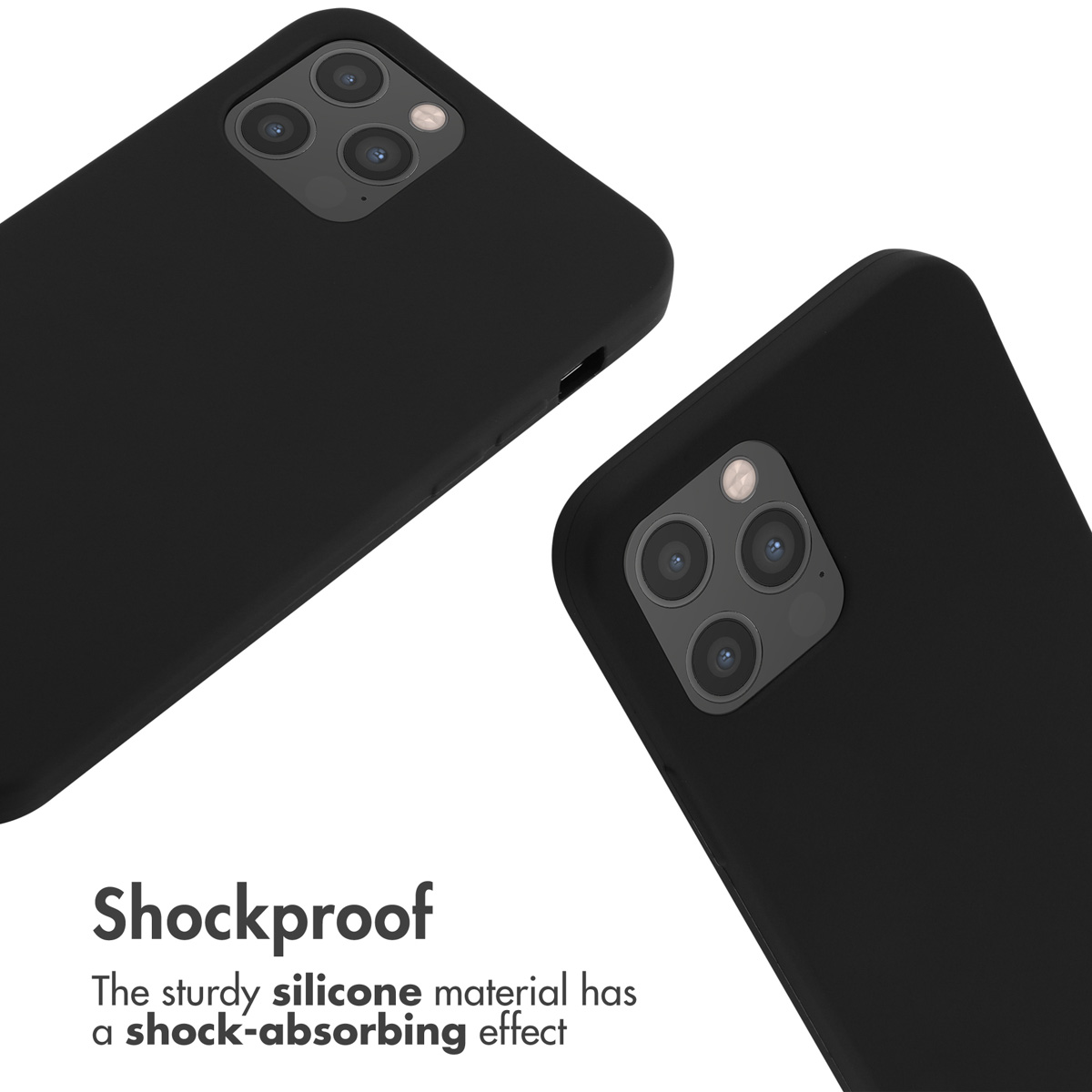 Deux coques de téléphone noires avec découpe pour appareil photo et texte en silicone.