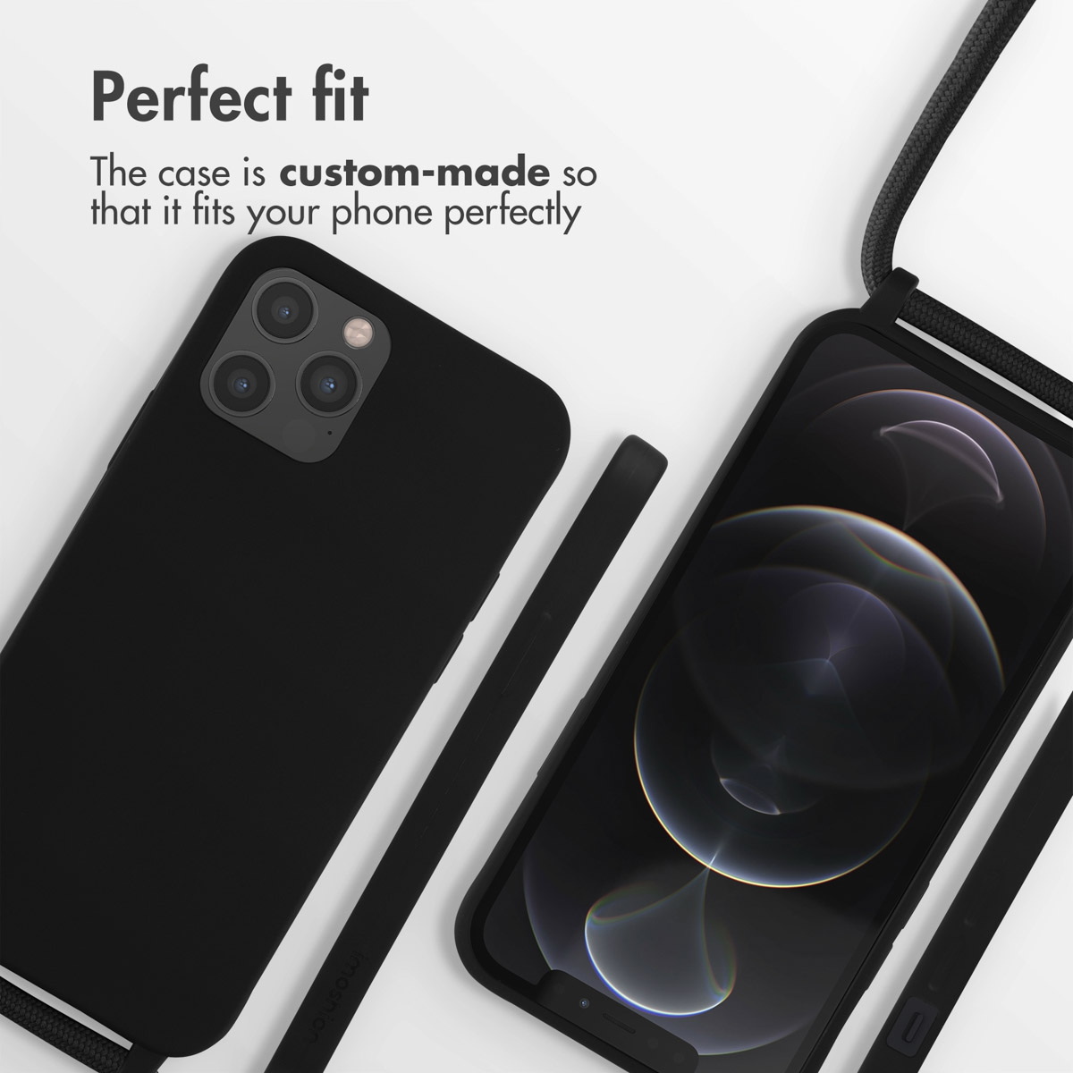 Deux téléphones noirs avec coques et lanière sur fond blanc avec du texte.