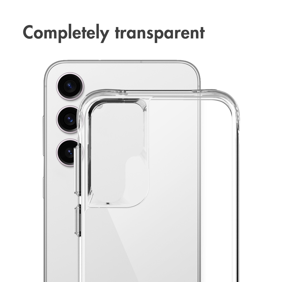 Eine klare, transparente Handysülle auf einem weißen Smartphone mit dem Text Completely transparent.