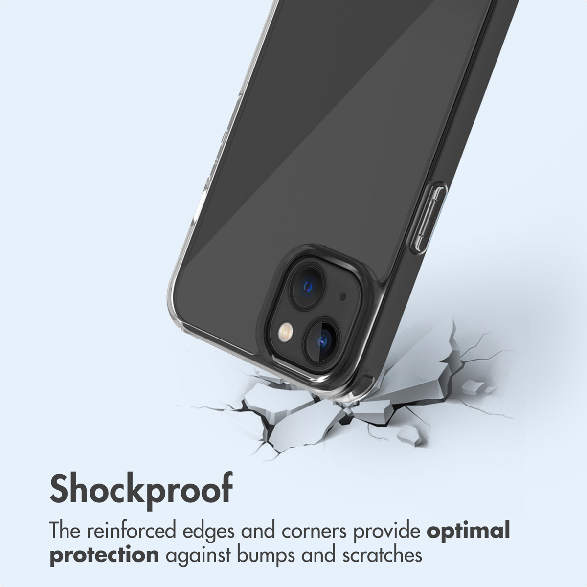 Een smartphone in doorzichtige hoes op gebarsten witte ondergrond met tekst Schokbestendig.