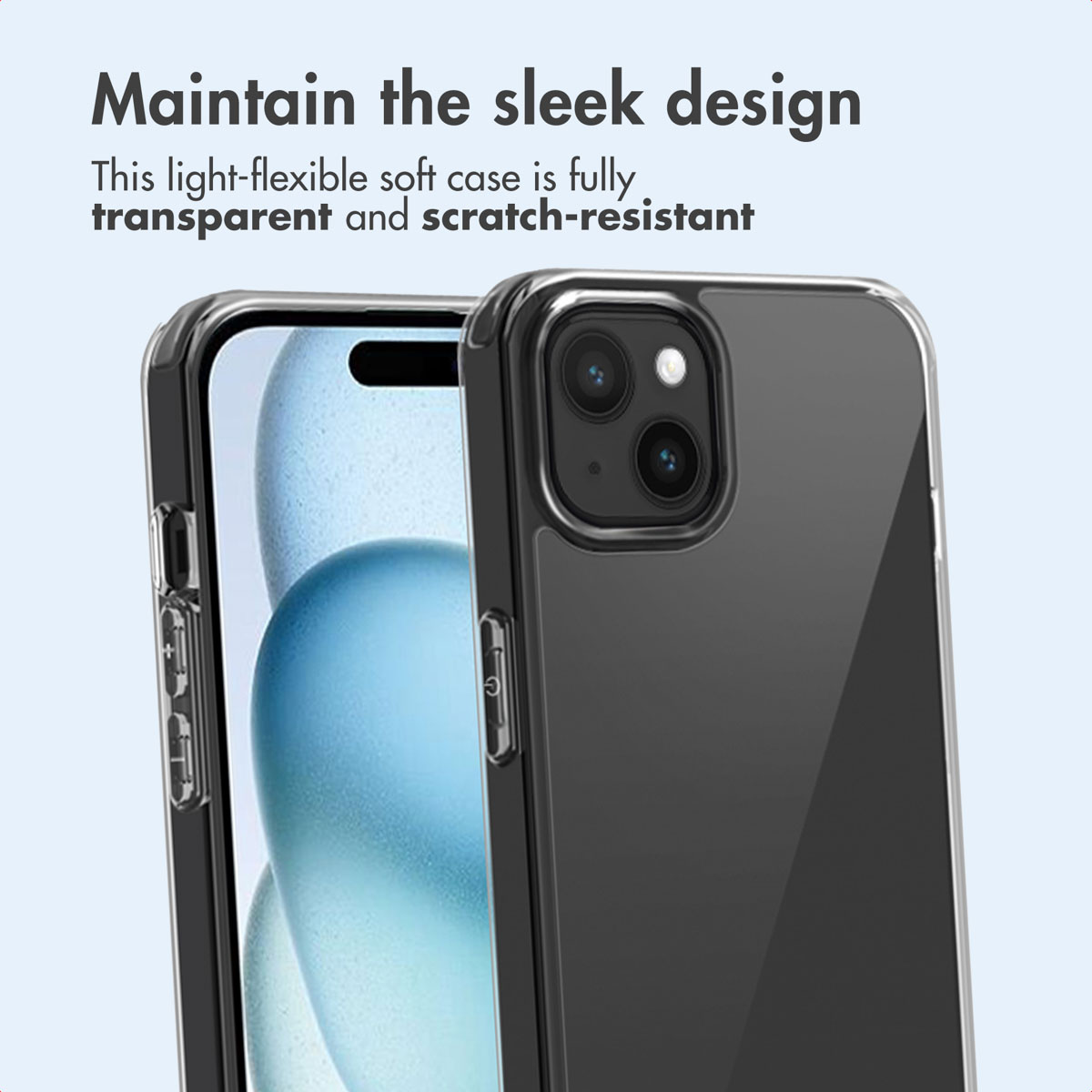 Een smartphone in een doorzichtige, krasbestendige beschermhoes tegen een lichte achtergrond.