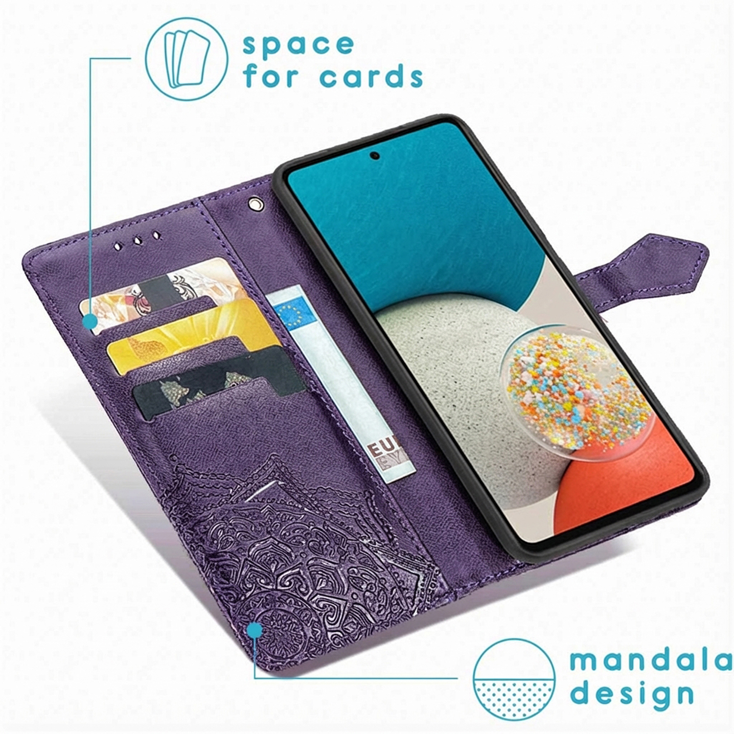 Étui portefeuille violet pour téléphone avec design mandala et fentes pour cartes.