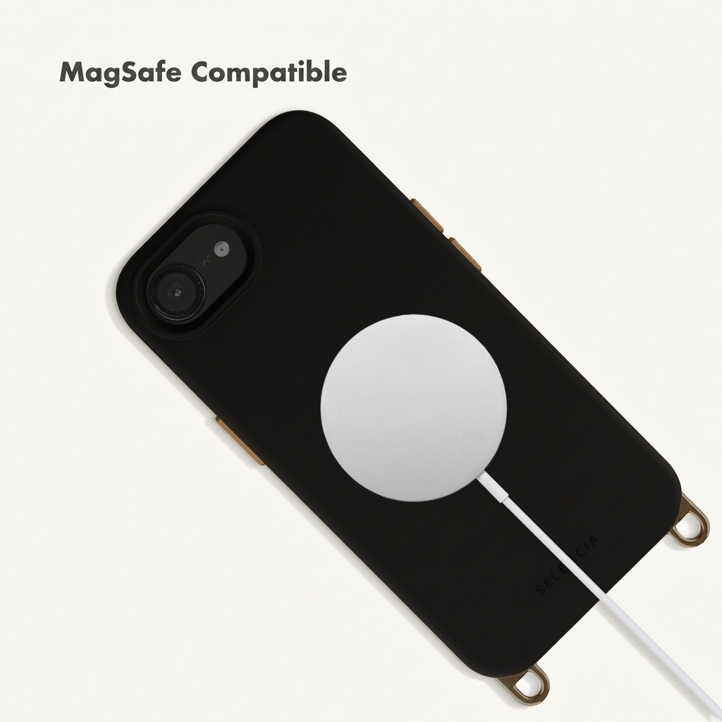 Un smartphone noir dans une coque avec chargeur MagSafe sur fond blanc.