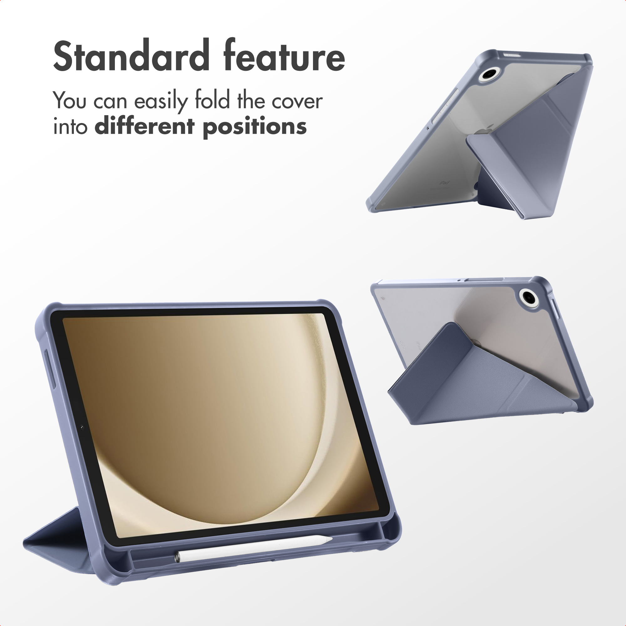 Une tablette grise dans un étui de protection pliable en support, avec un stylet en bas.