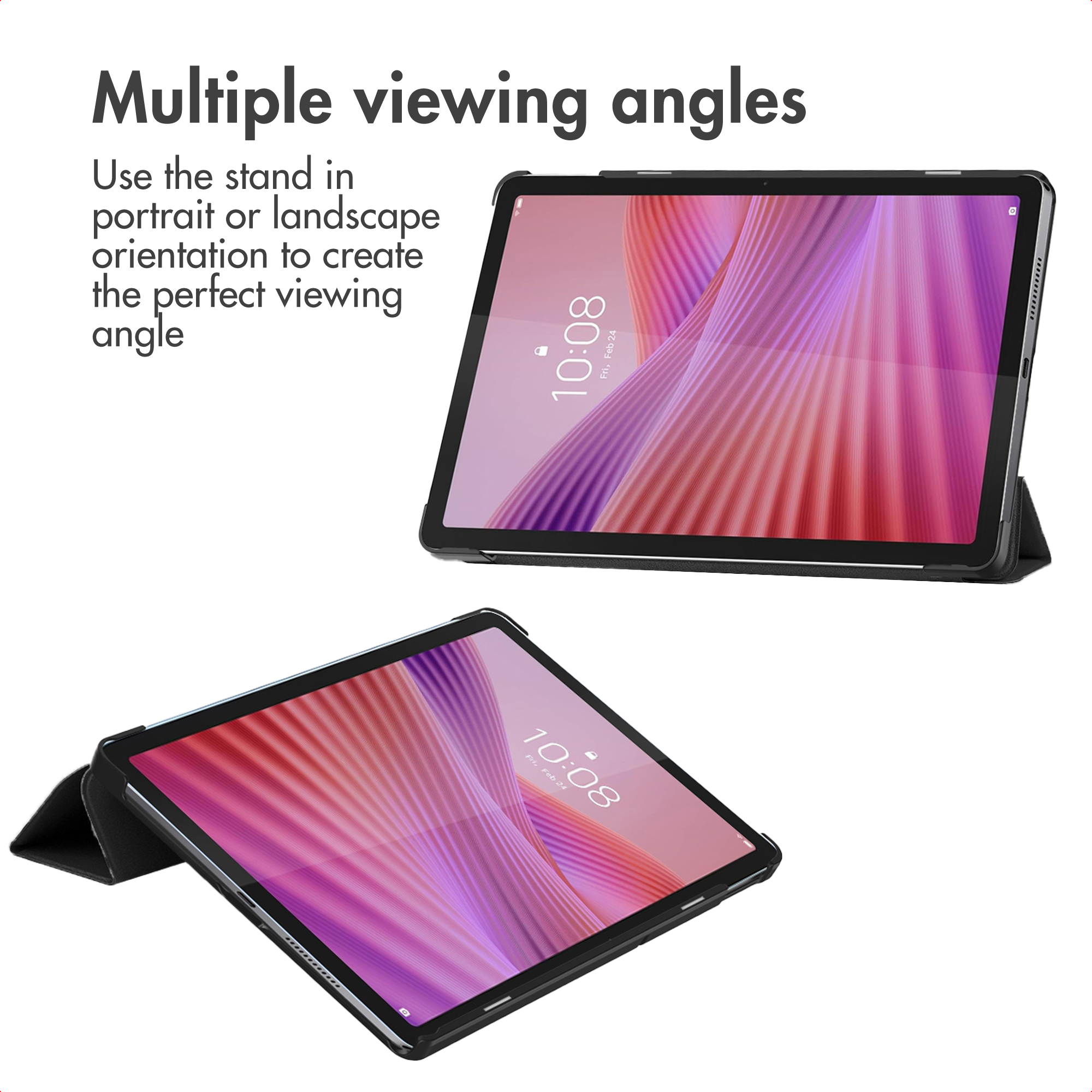 Tablette dans un étui de protection avec support intégré pour plusieurs angles.