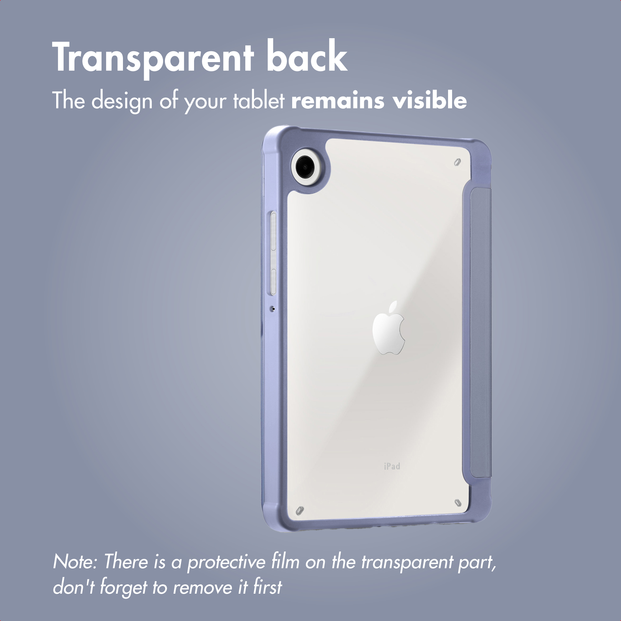 Étui de tablette violet avec dos transparent montrant le logo Apple sur fond gris.