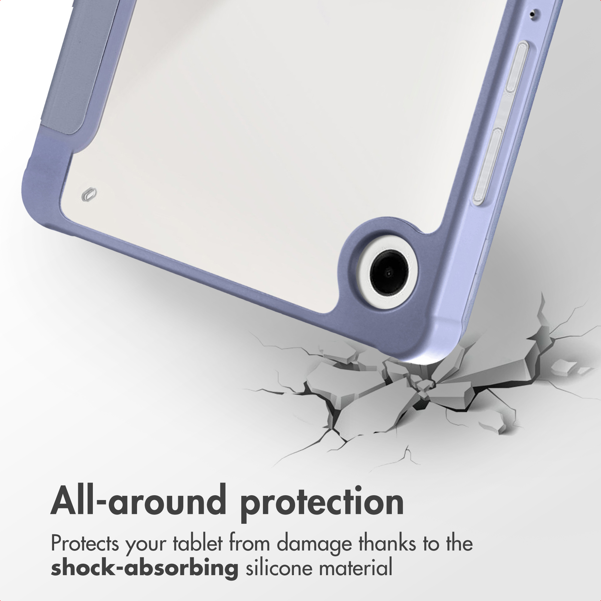Une tablette dans une coque de protection au-dessus d'une surface fissurée.