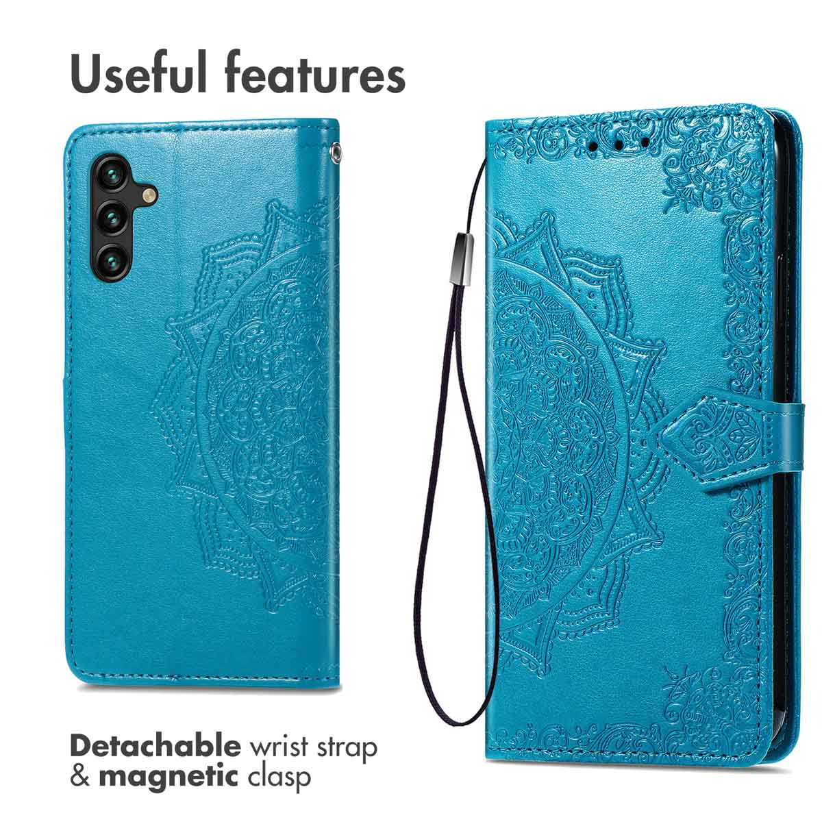 Funda de cuero azul para teléfono con patrón de mandala grabado, correa de muñeca y cierre magnético.