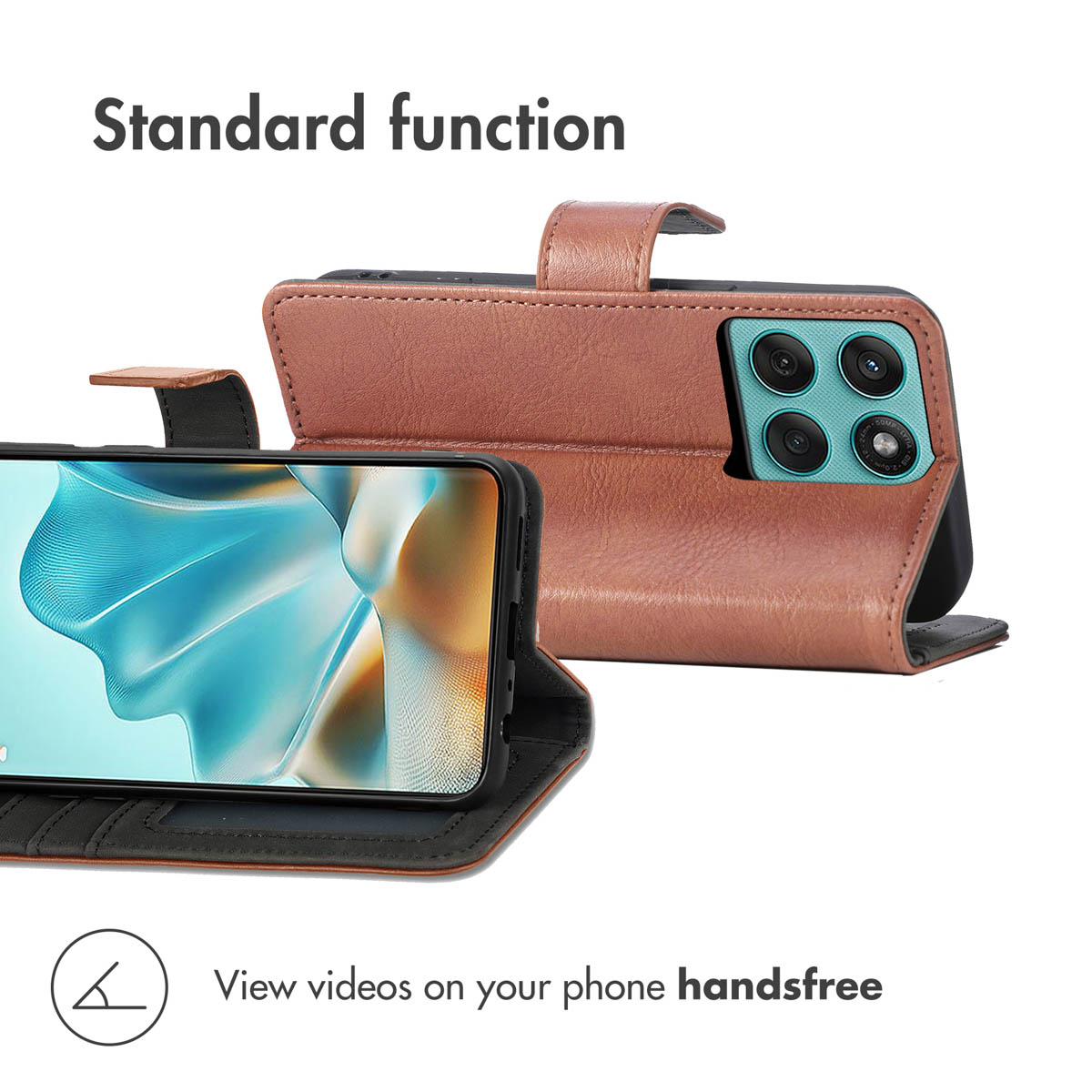 Custodia a portafoglio in pelle marrone con smartphone inclinato per la visione di video a mani libere.