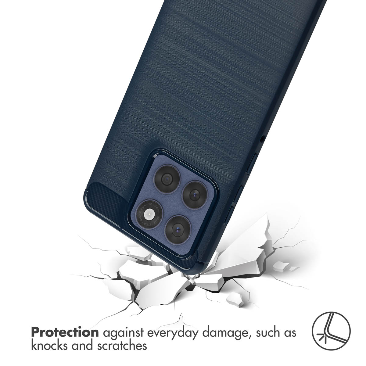 Custodia per smartphone blu urta una superficie bianca crepata, testo protettivo.