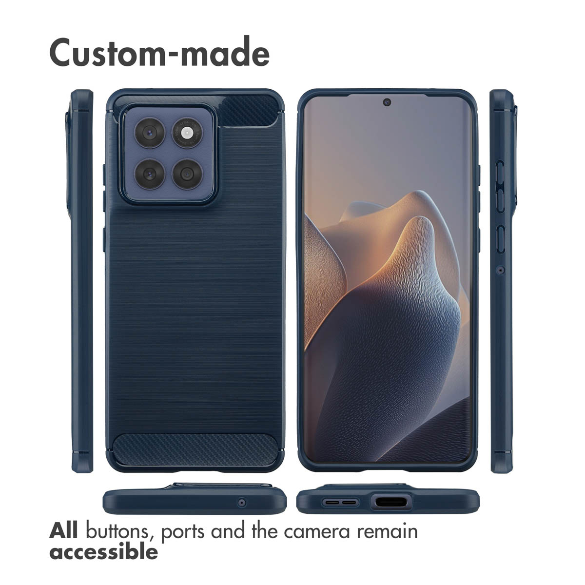 Custodia per smartphone blu da varie angolazioni, che evidenzia fotocamera, schermo, pulsanti e porte.