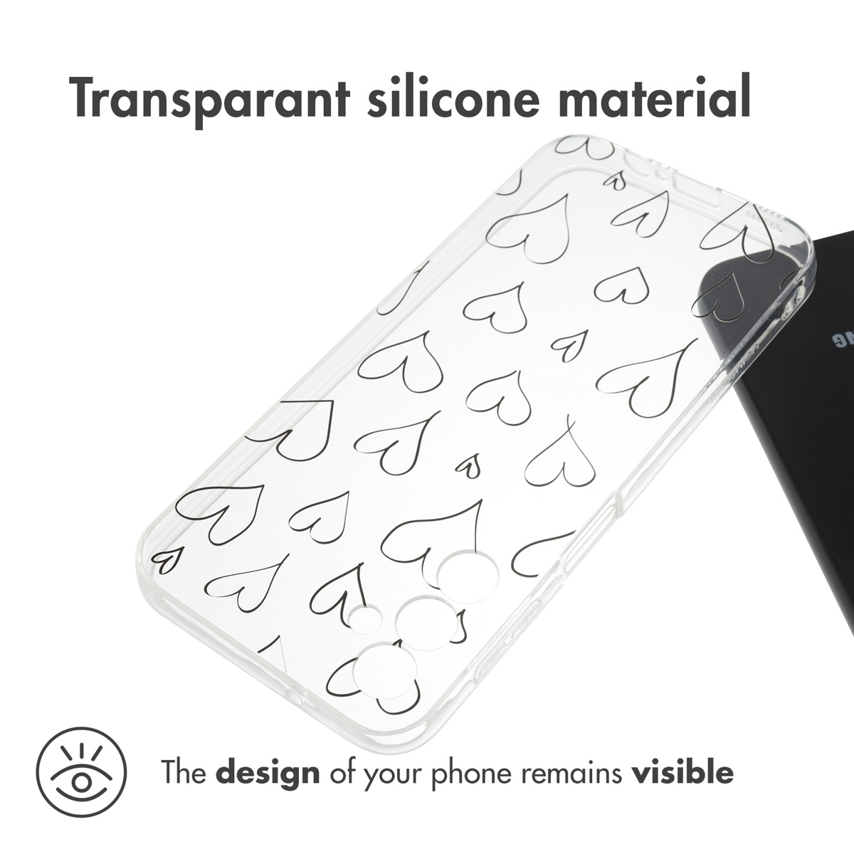 Transparant siliconen telefoonhoesje met zwart hartjespatroon, naast een zwarte smartphone.