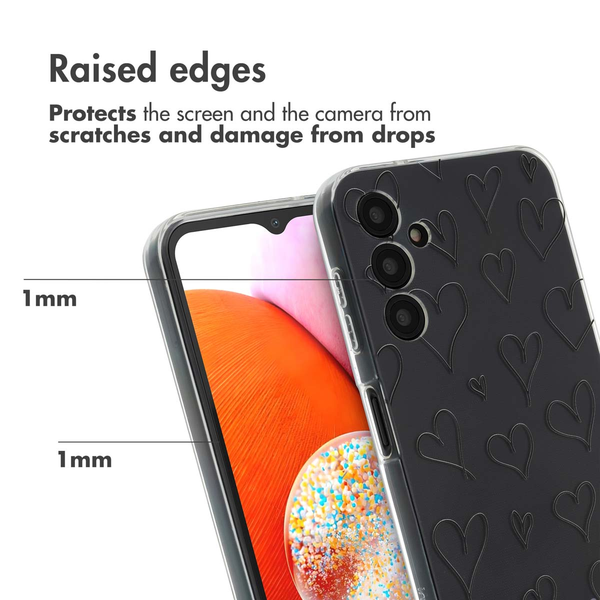 Telefoonhoesje met verhoogde randen voor 1mm scherm- en camerabescherming.
