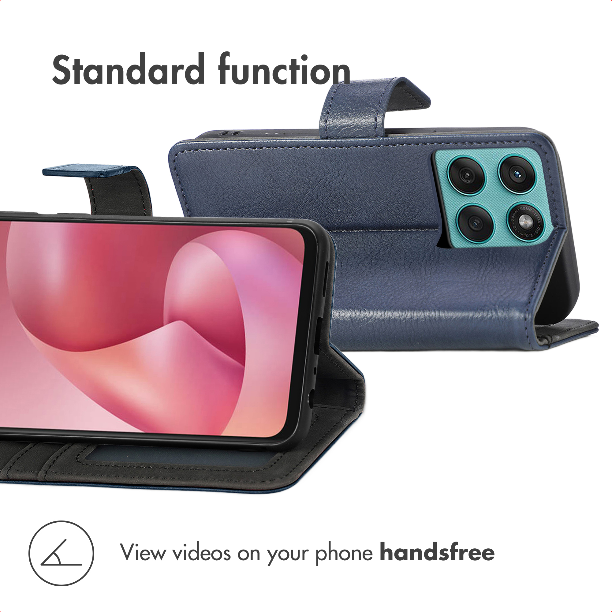 Due custodie per cellulare in pelle blu che mostrano fotocamera e schermo con funzione supporto.