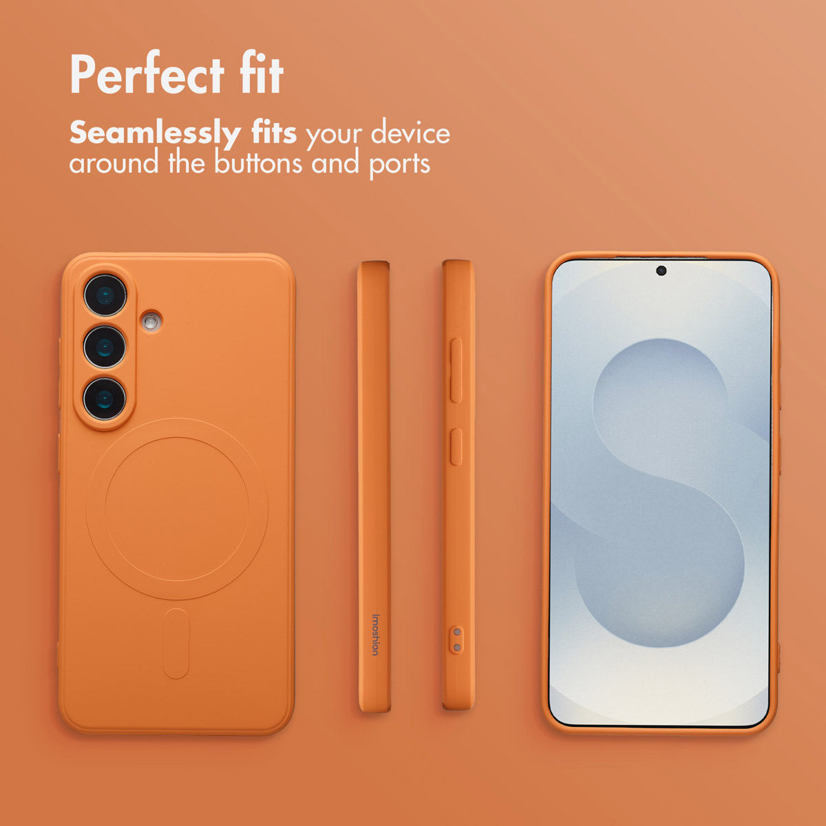 Orangeres Smartphone in verschiedenen Ansichten mit passender Schutzhülle und Text.