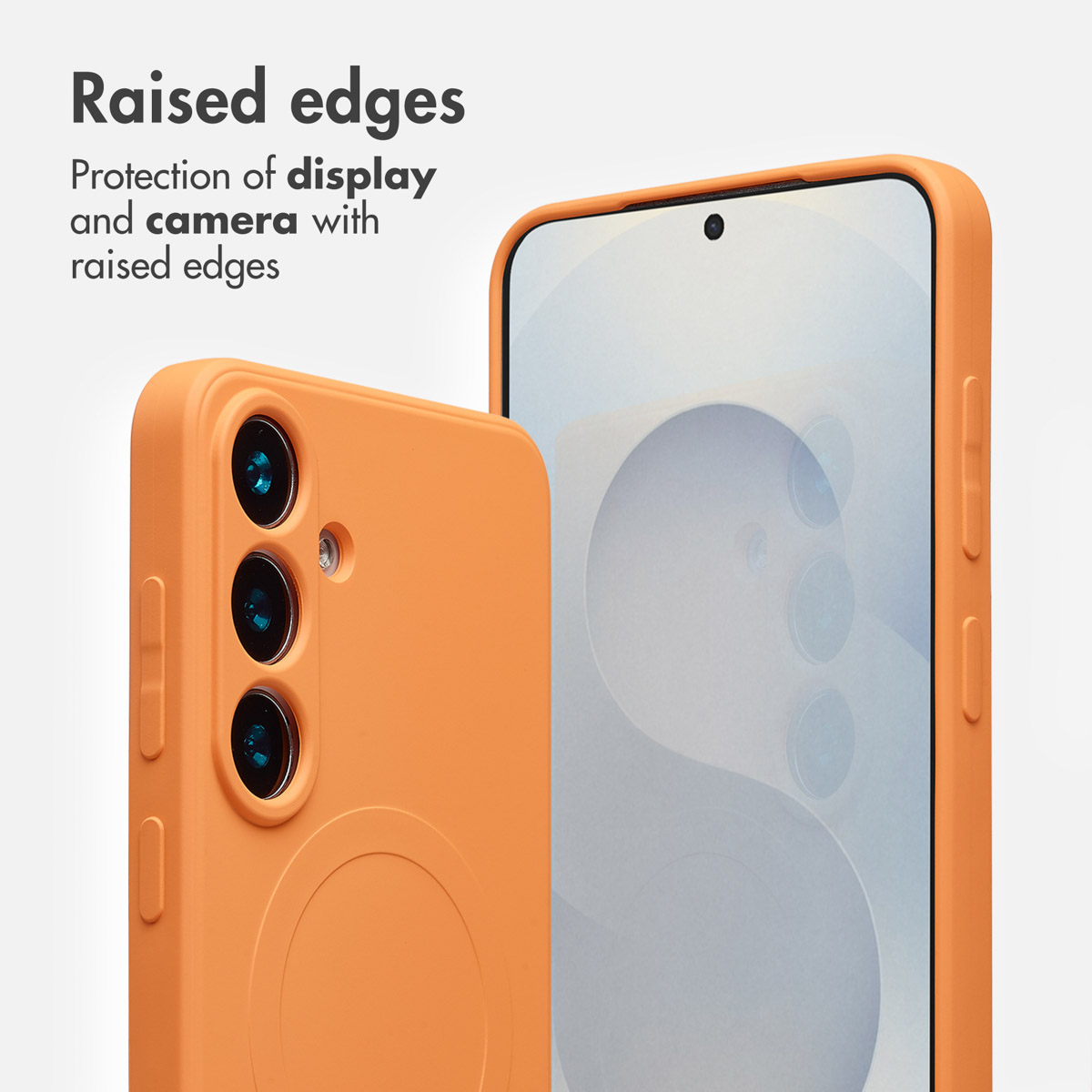 Ein orangefarbenes Smartphone mit Schutzhülle zeigt erhöhte Kanten für Display und Kamera.