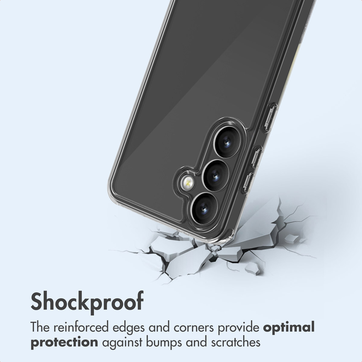 A smartphone in a clear case hovers above a cracked surface, with text reading Shockproof below.