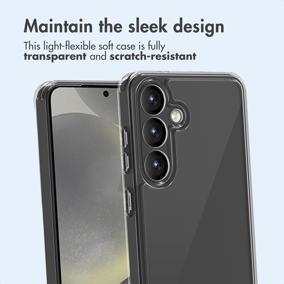 A smartphone with a transparent protective case, three camera lenses, and text above.
