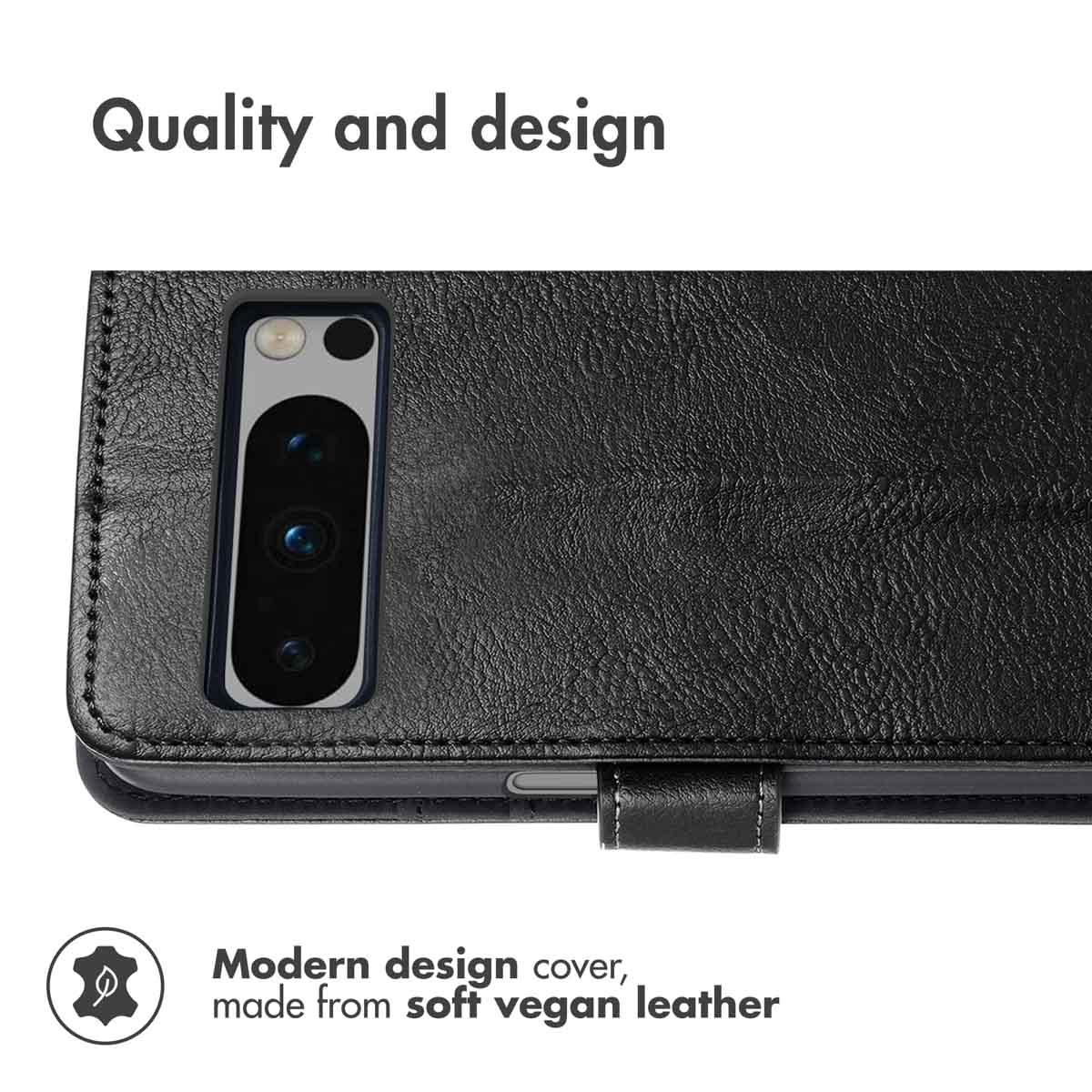 Custodia per telefono in pelle vegana nera con ritaglio per fotocamera e testo su qualità e design.
