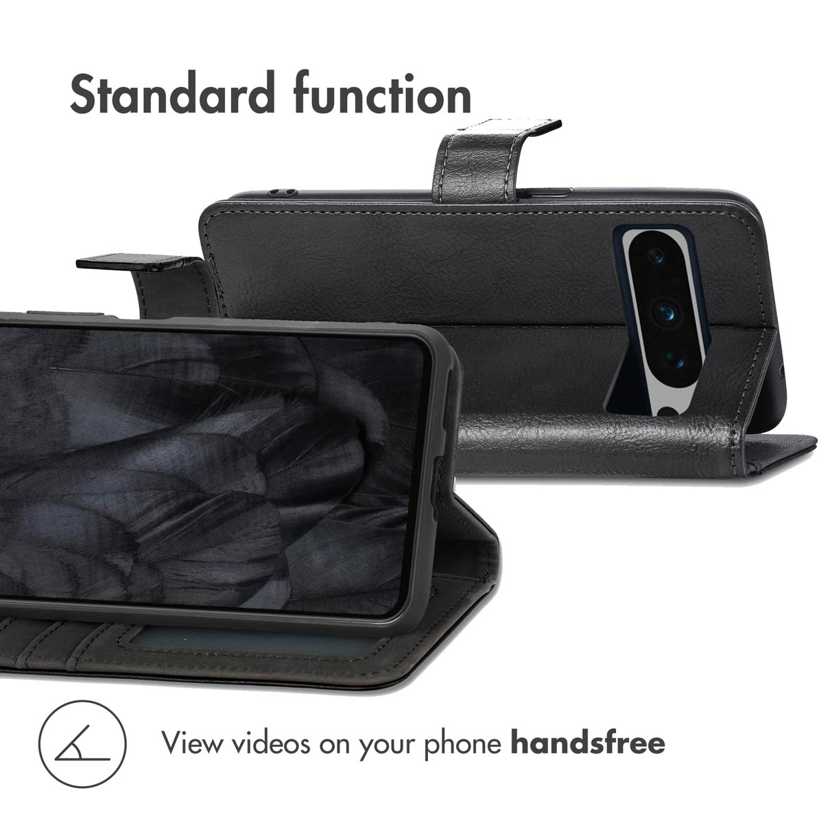 Custodia per telefono in pelle nera che funge da supporto per i video.
