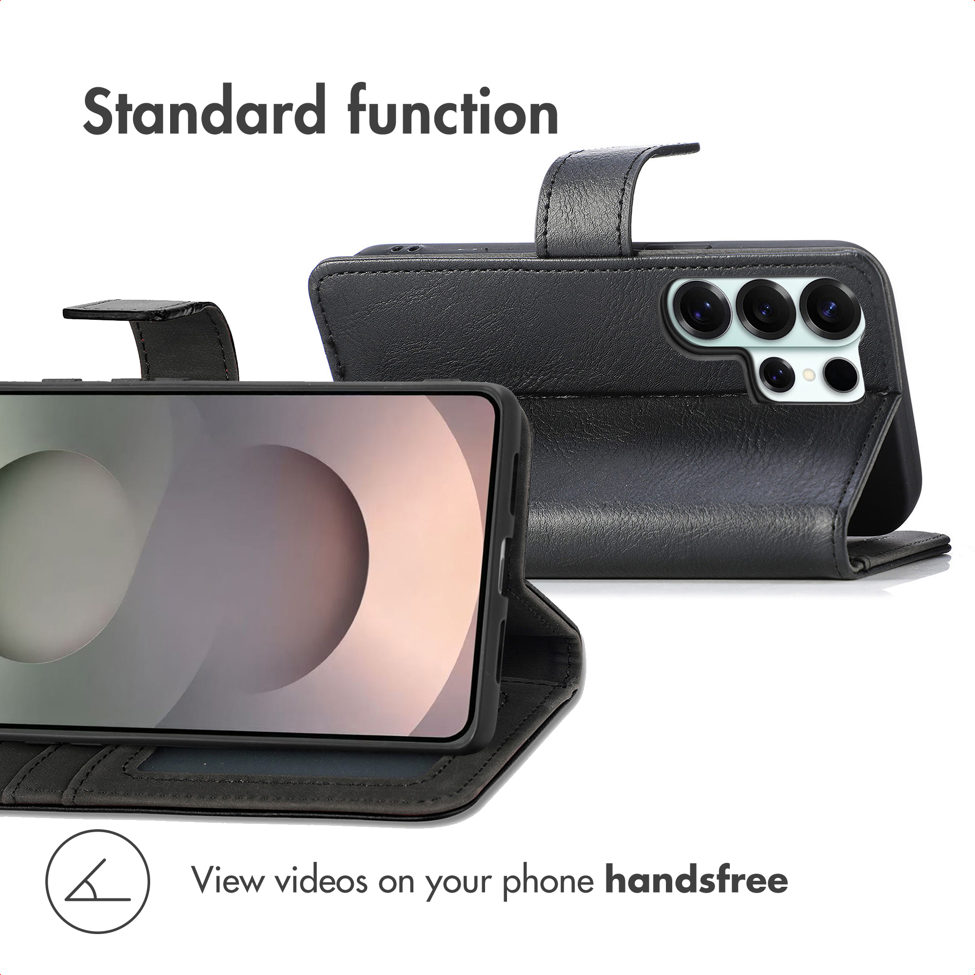 Uno smartphone in una custodia in pelle nera con funzione supporto mostra la fotocamera e lo schermo.