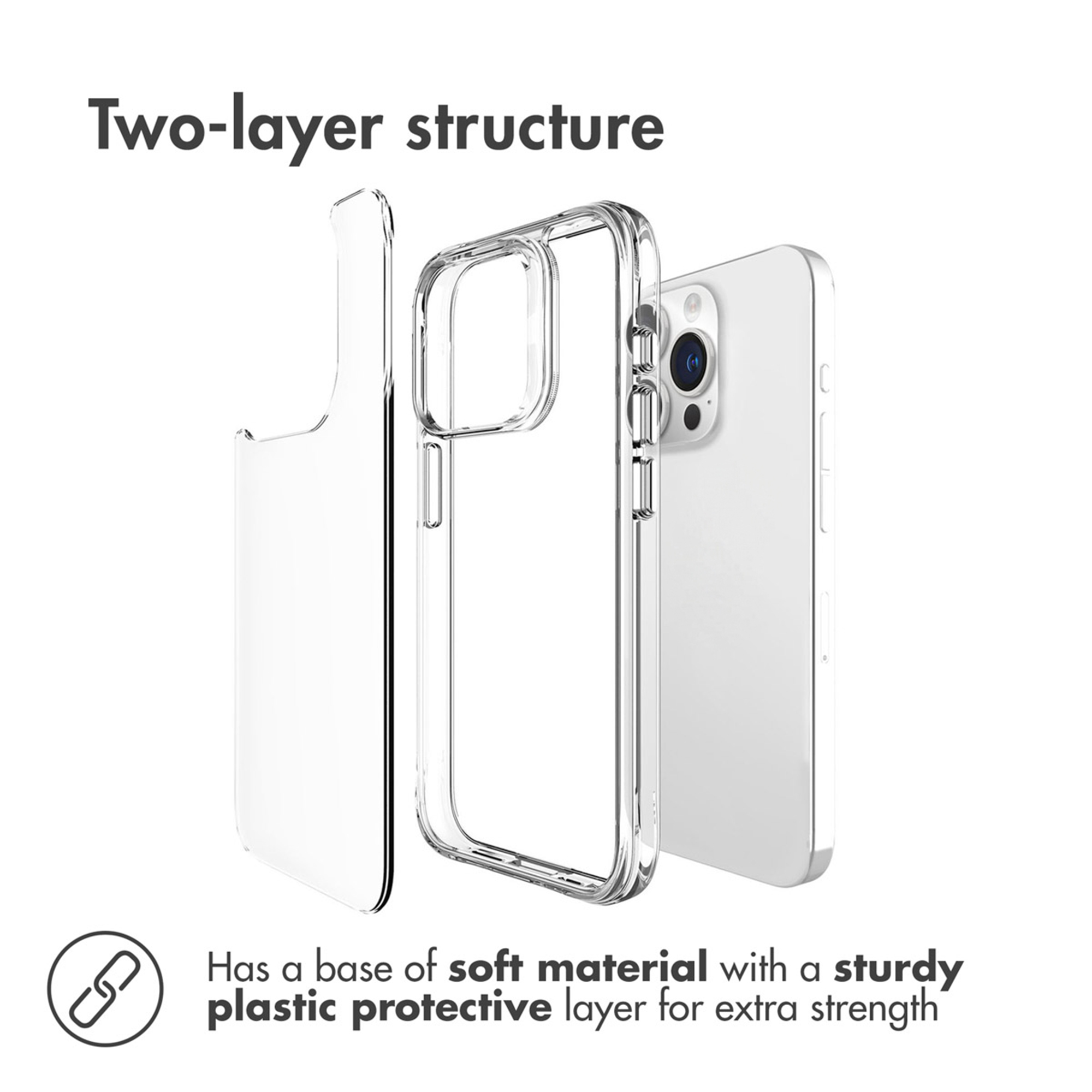Diagrama que muestra la estructura de dos capas de una funda transparente y un smartphone.