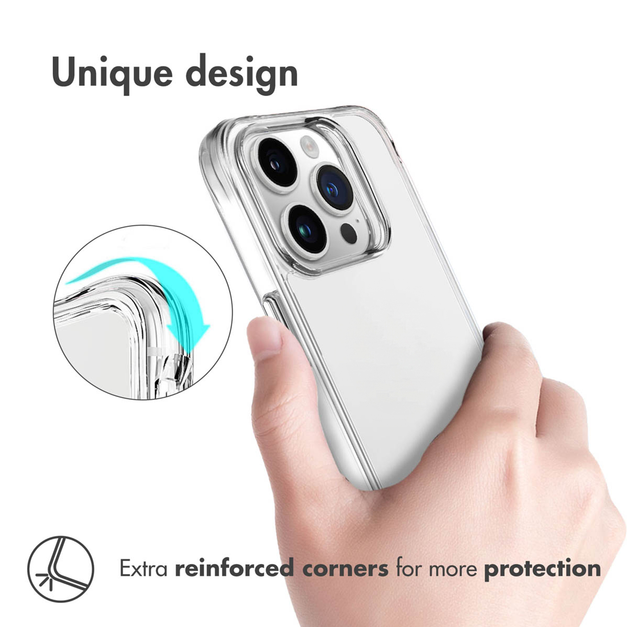 Mano sosteniendo funda de teléfono transparente con esquinas reforzadas.