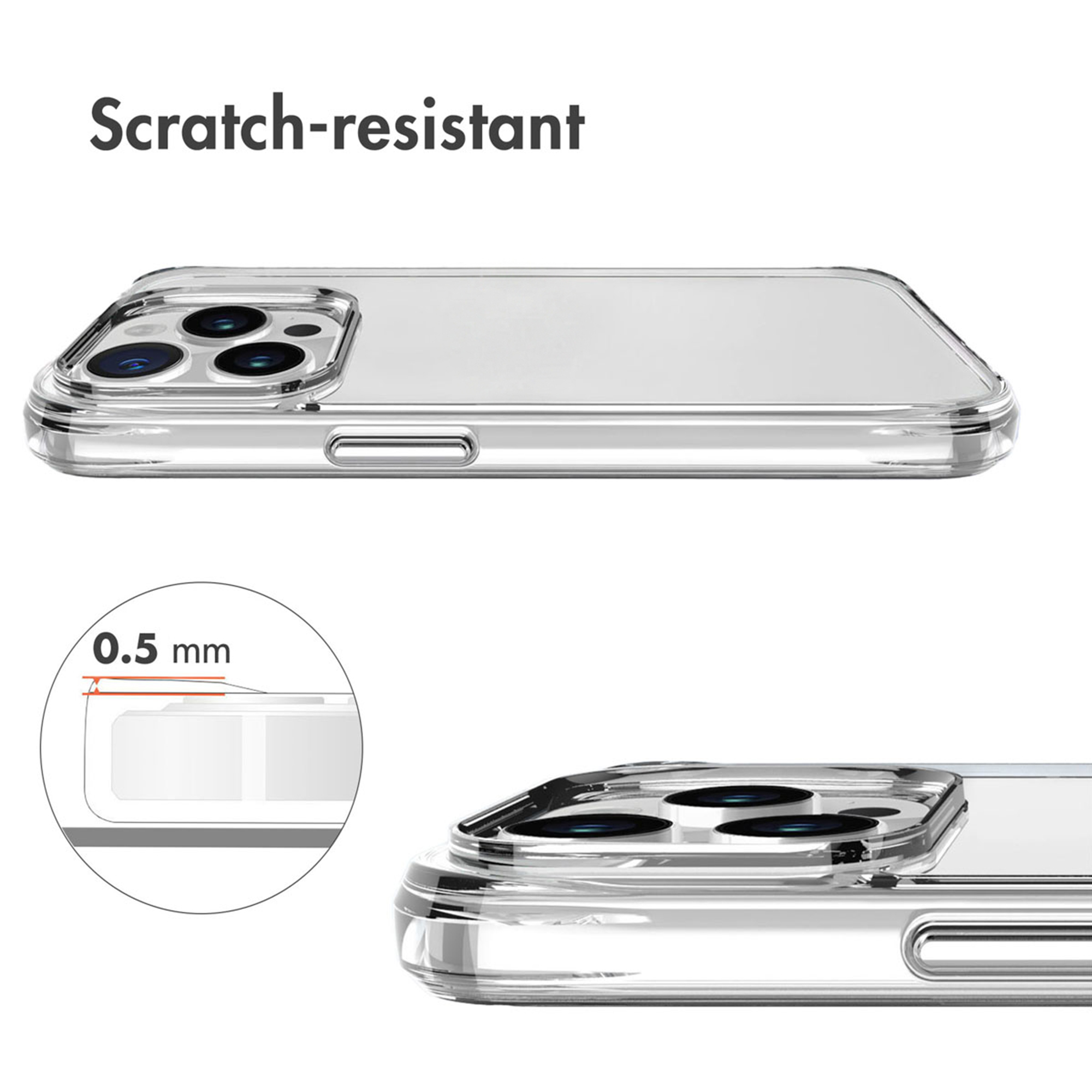 Funda transparente con protección antiarañazos y borde de cámara de 0.5 mm.