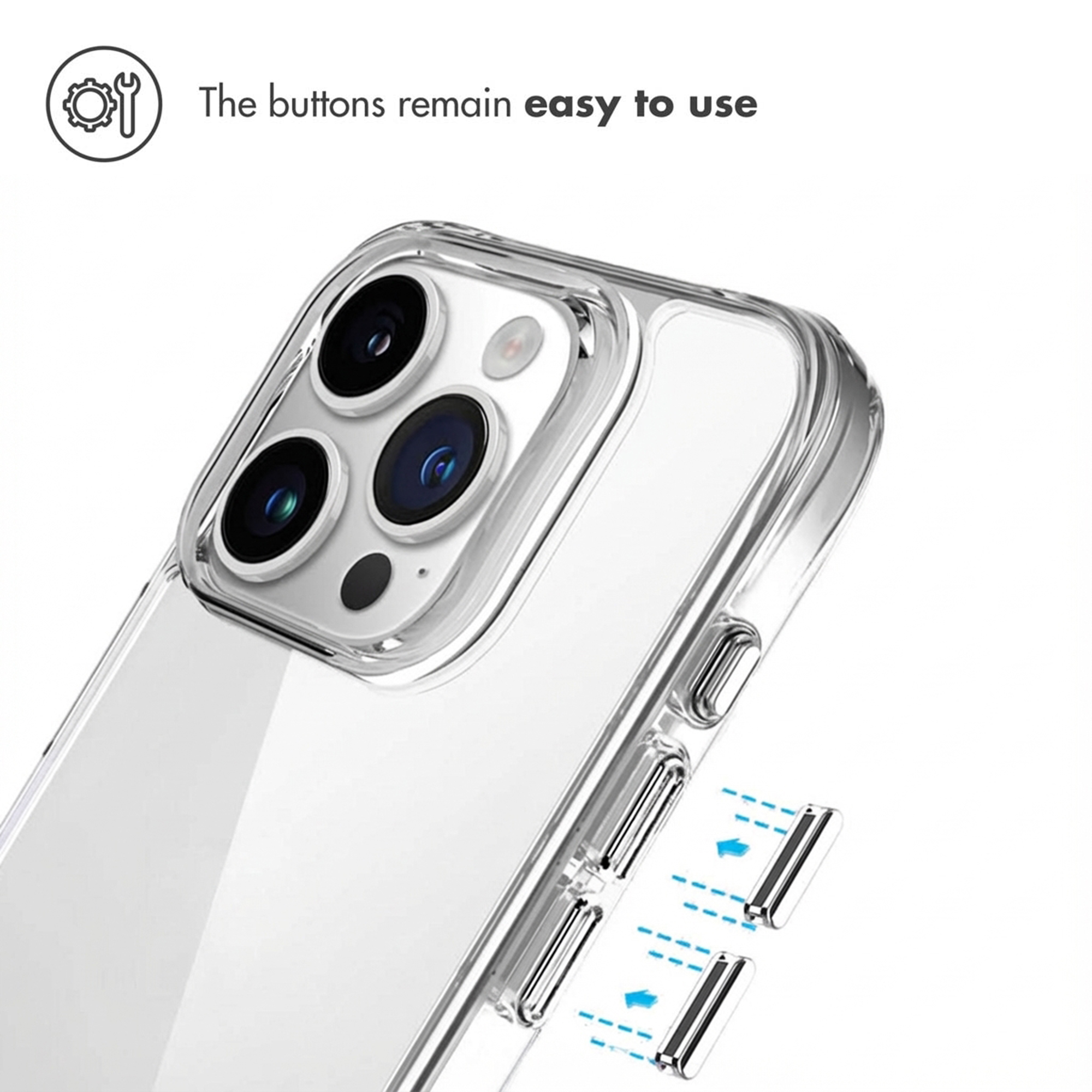 Funda transparente para smartphone con botones laterales accesibles.