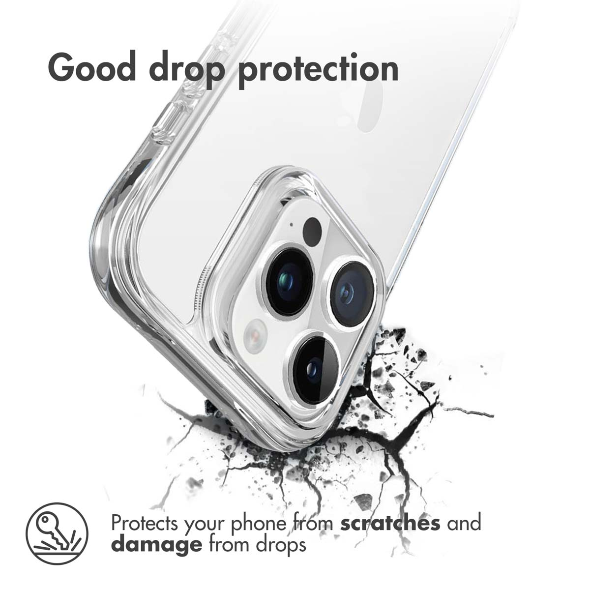 Funda transparente con recorte de cámara, texto Good drop protection y gráfico de grietas.