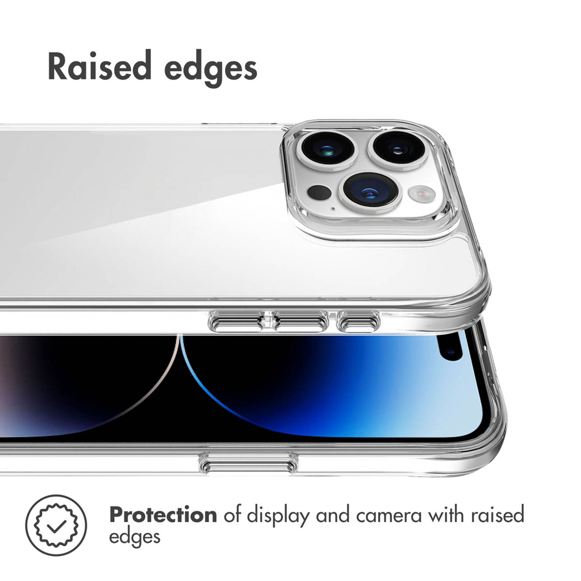 Funda transparente con bordes elevados para proteger la pantalla y la cámara.