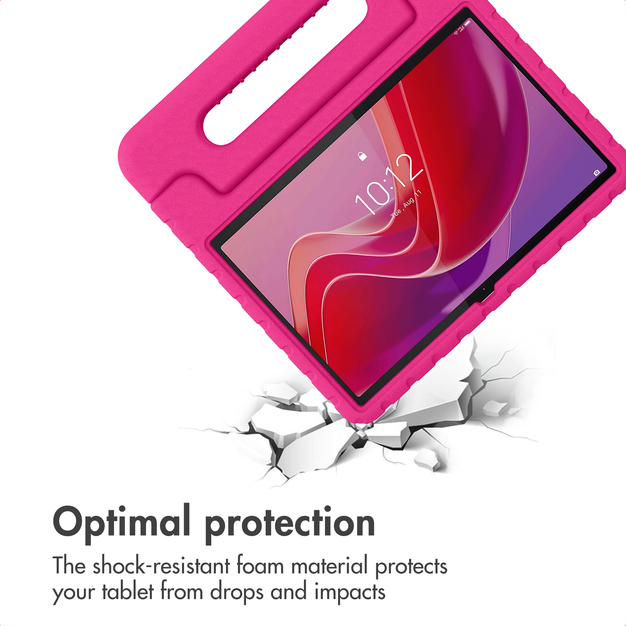 A pink foam tablet case protects the device above a cracked white surface.