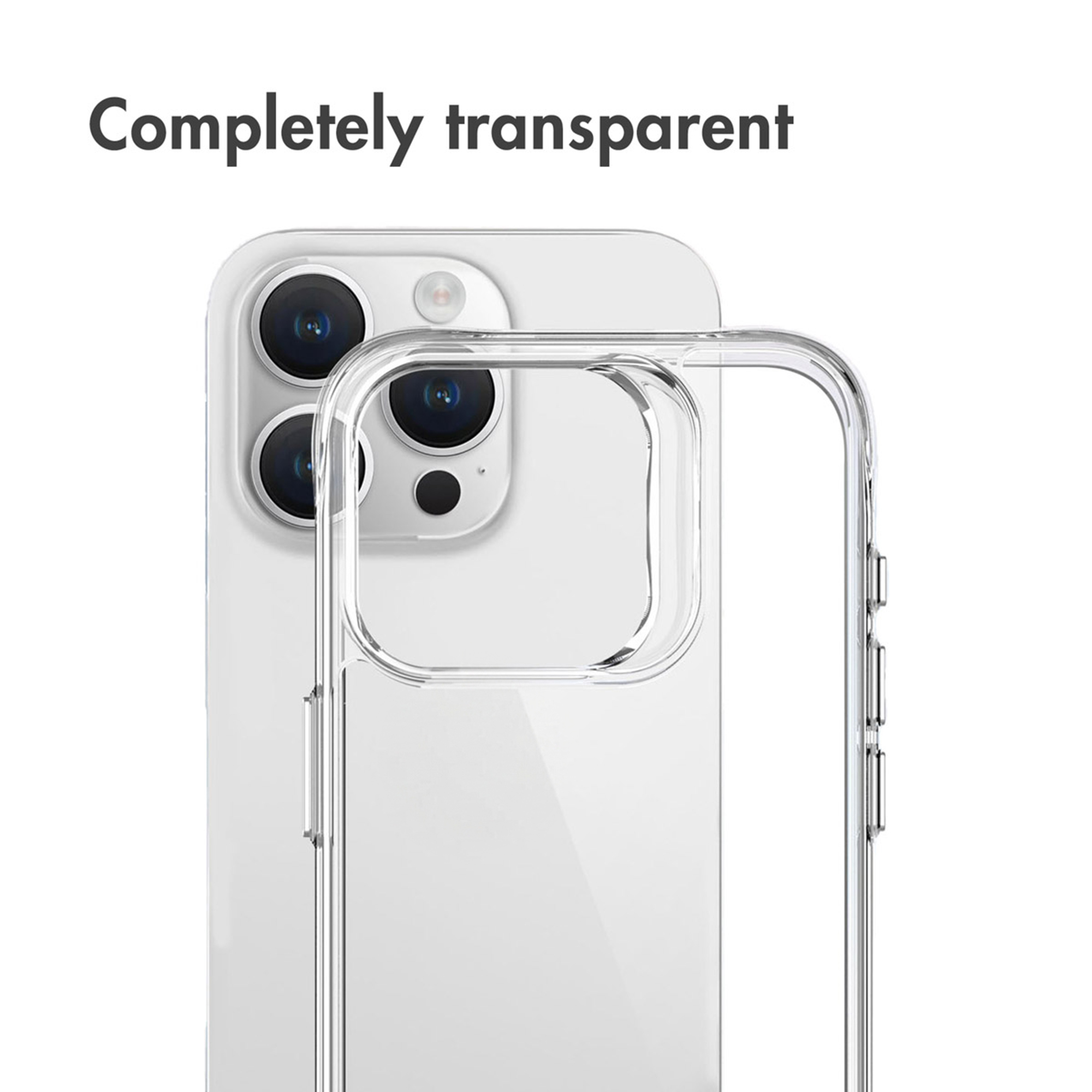 Una funda de teléfono transparente frente a un smartphone blanco con múltiples lentes de cámara.