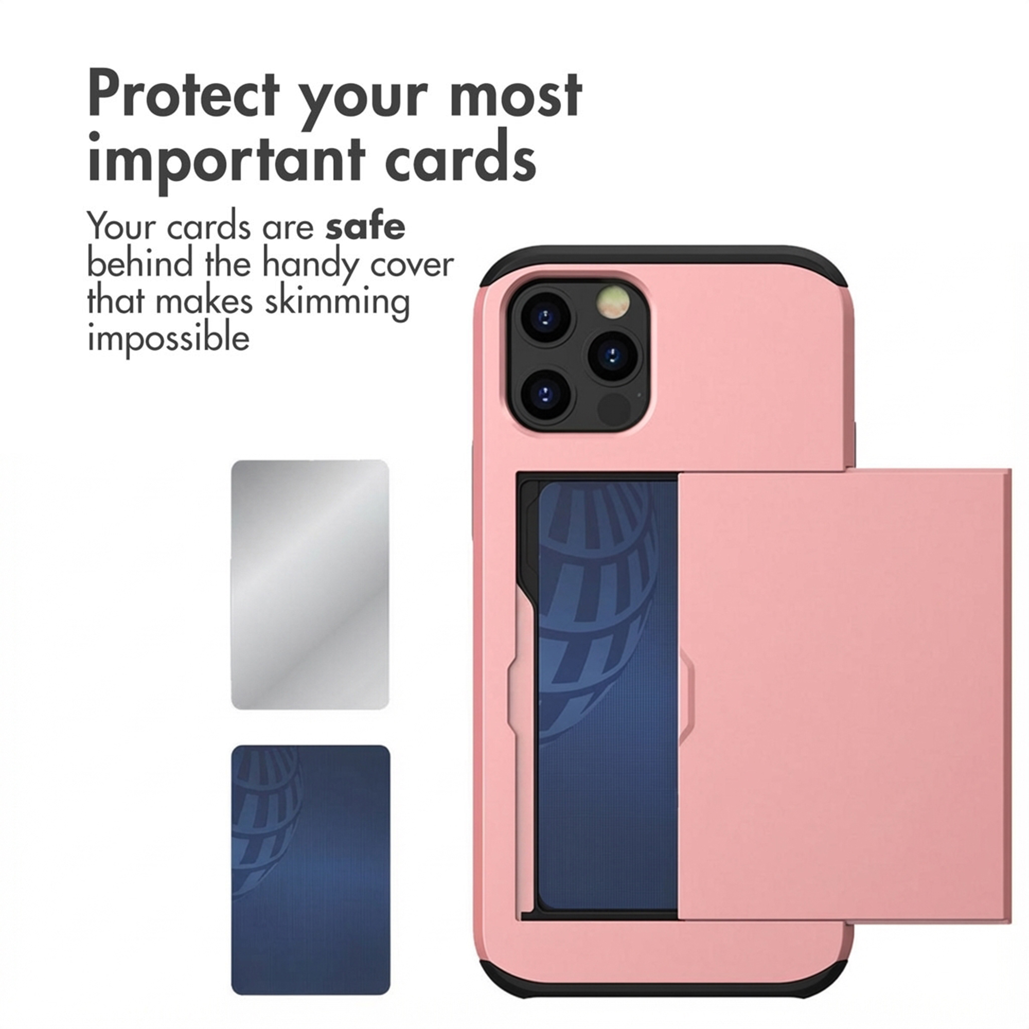 Custodia per smartphone rosa con porta carte scorrevole, testo sulla protezione e due carte campione.