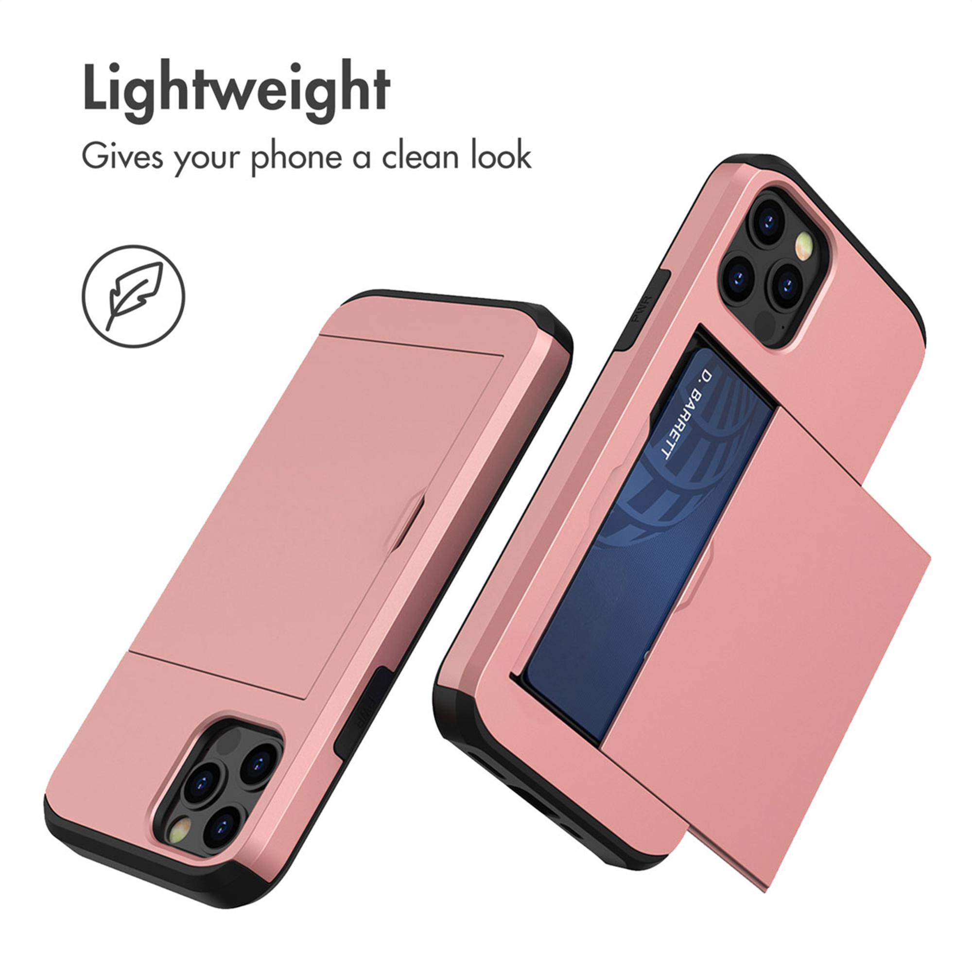 Due custodie per smartphone rosa con porta carte integrato su sfondo bianco.