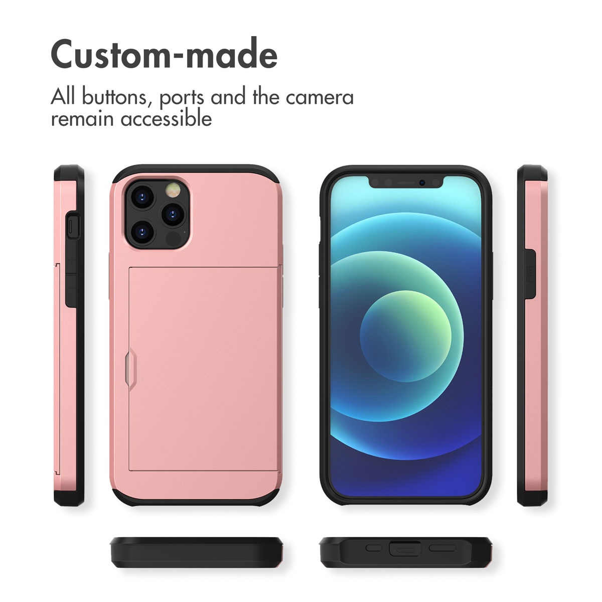 Custodia rosa per telefono con porta carte mostrata da varie angolazioni.