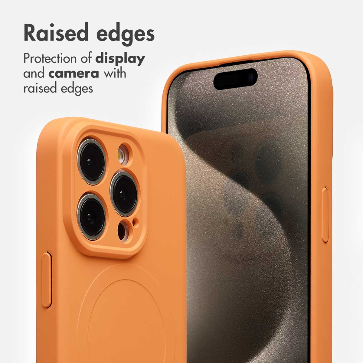 Orange phone case featuring raised edges for display and camera protection.
