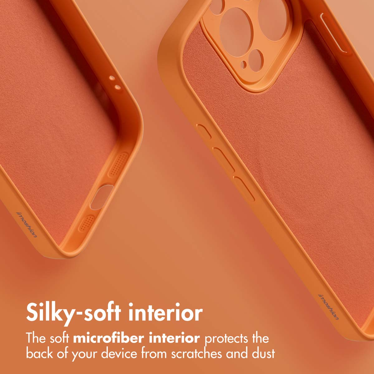 Two orange smartphone cases with a soft microfiber interior against an orange background.