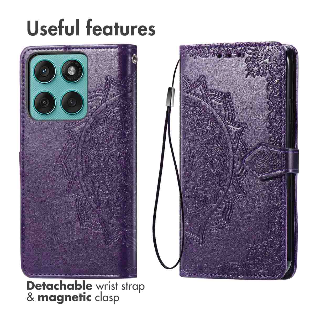 Paarse, in relief bedrukte leren telefoonhoes met mandalapatroon, polsband en magneetsluiting.