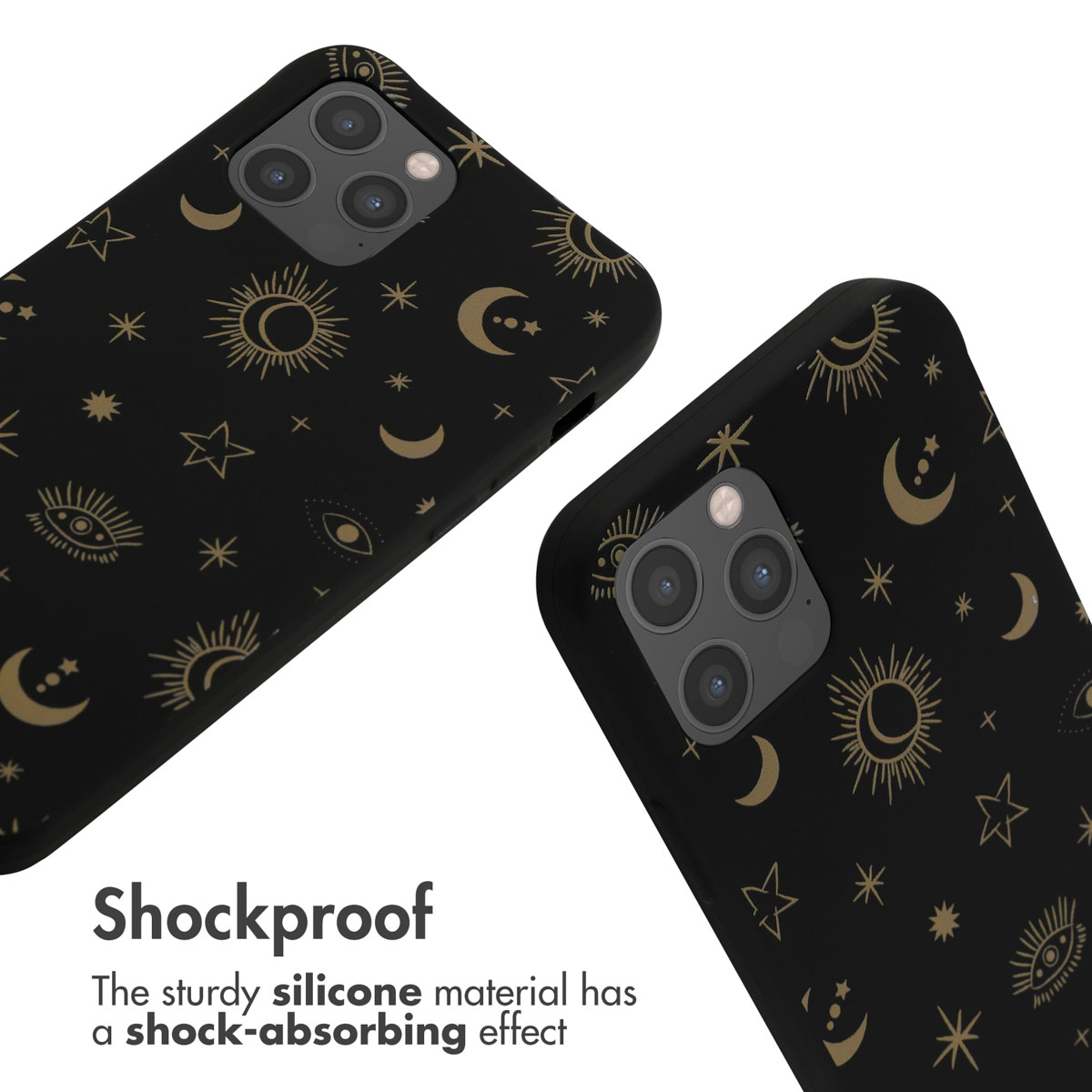 Schwarze Handyhülle mit goldenen Mond-, Sonnen- und Sternmotiven und der Aufschrift Shockproof.