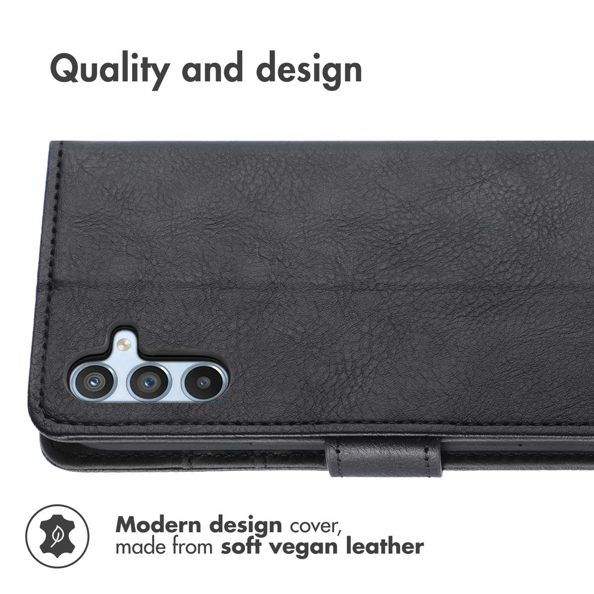 Coque de téléphone en cuir végétalien noir avec ouvertures pour appareil photo.