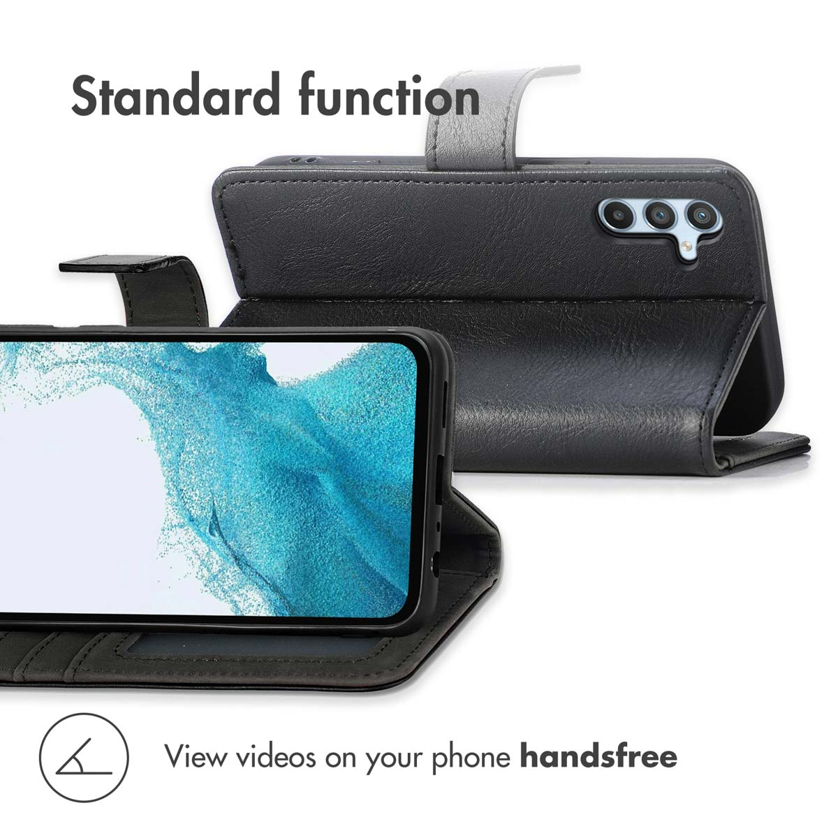 Un étui de téléphone en cuir noir sert de support pour un smartphone avec un fond d'écran bleu.