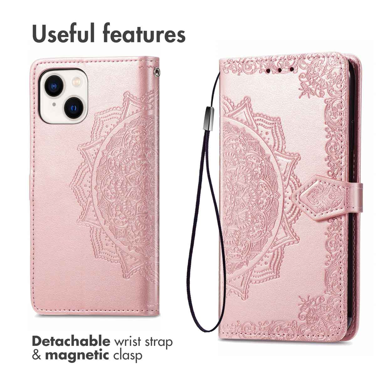 Roze telefoonhoesje met mandalapatroon, afneembare polsband en magnetische sluiting.