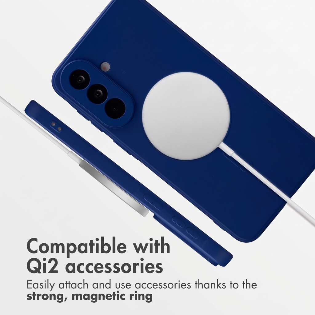 Coque de téléphone bleue avec anneau magnétique sur fond blanc et texte.