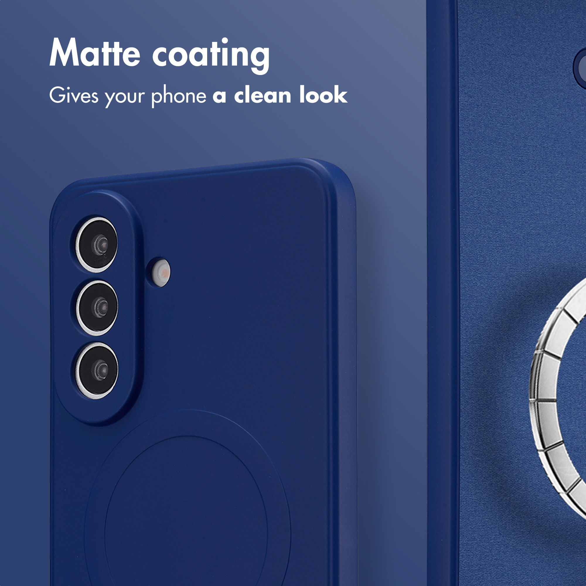 Coque de téléphone bleue avec découpes pour appareil photo et texte Matte coating.