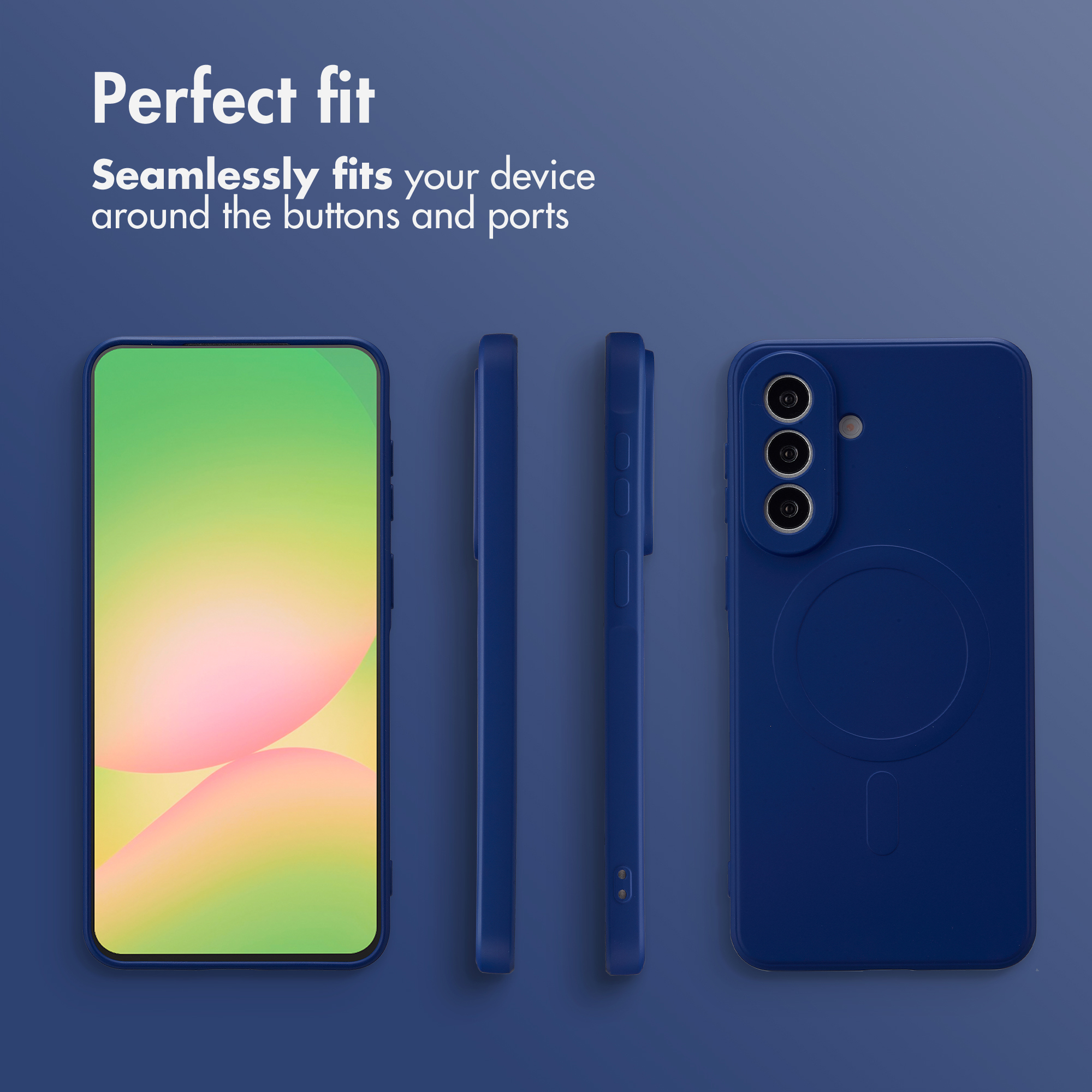 Coque de smartphone bleue sous différents angles avec le texte Perfect fit.